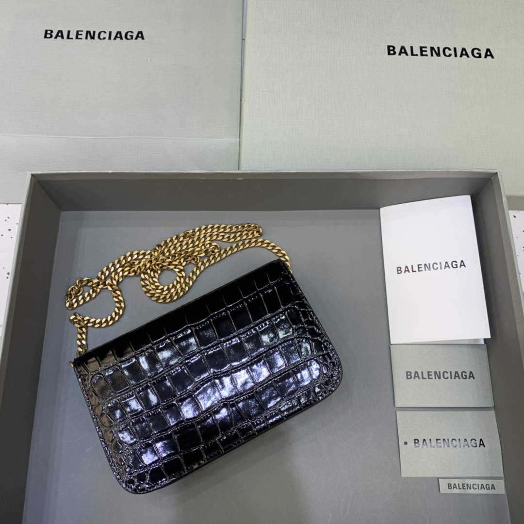 Balenciaga Small Woc Wallet With Chain Crocodile Embossed Shoulder Bag Black